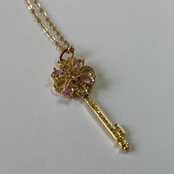 Gold 2 ct Zircon and Rose Quartz Pendant Necklace - Picture 12 of 17